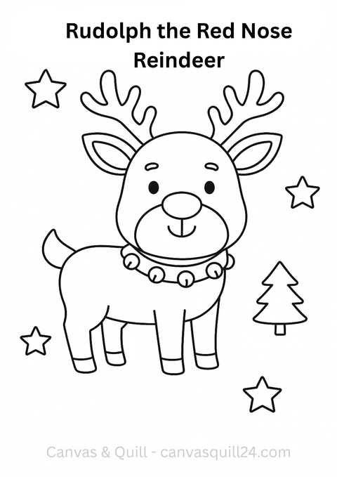 Rudolph the red nose reindeer colouring page with stars and Christmas tree