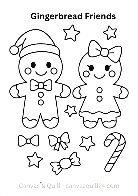 Two gingerbread characters with stars, bows and a candy cane colouring page for kids