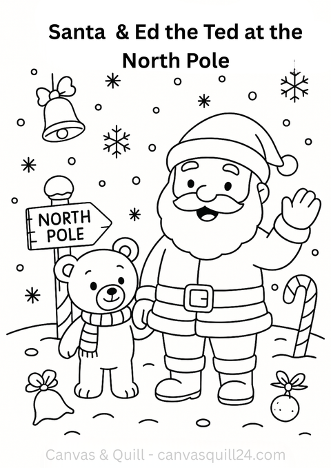 Santa and Ed the Ted line art colouring page at the North Pole with snowflakes and candy cane