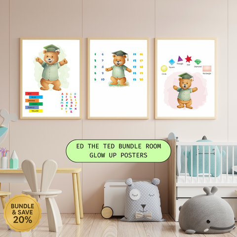Nursery Learning Trio Bundle – ABC Poster, Numbers 1–20 Poster, Shapes Workbook –