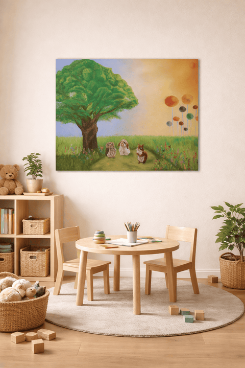 Printable Enchanted Countryside Oil Painting Print (Instant Download) | Majestic Oak, Woodland Animals | A3, A4 & 8×10″ | Canvas & Quill