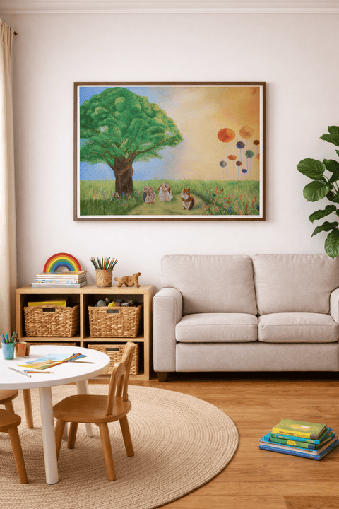 Printable Enchanted Countryside Oil Painting Print (Instant Download) | Majestic Oak, Woodland Animals | A3, A4 & 8×10″ | Canvas & Quill