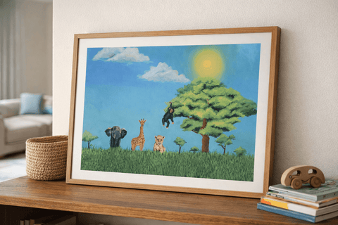 Printable Safari Adventures Oil Painting Print (Instant Download) | Elephant, Giraffe, Lion, Chimpanzee | A3, A4, 8×10" | Canvas & Quill