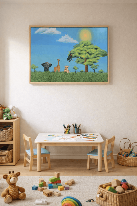 Printable Safari Adventures Oil Painting Print (Instant Download) | Elephant, Giraffe, Lion, Chimpanzee | A3, A4, 8×10" | Canvas & Quill