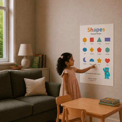 Child using the Landing Ready® Shapes Wall Chart to recognise and name familiar shapes with confidence. A young girl in a pink dress stands in a living room pointing confidently at a colorful educational poster on the wall that reads 'Shapes' and shows different geometric forms. The room includes a sofa, lamp, window, and small wooden table.