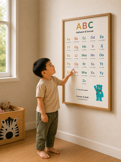 Young child confidently pointing to letters on the Landing Ready™ Alphabet & Sounds Wall Chart during independent learning.