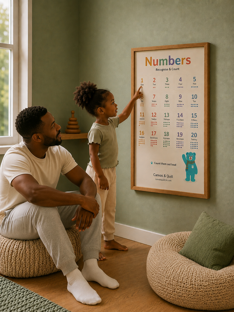 Adult and child exploring the Landing Ready® Numbers Wall Chart (1–20) together through shared counting and number recognition.