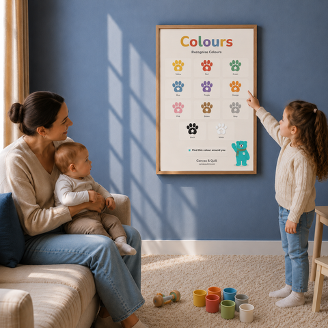 Adult and child exploring the Landing Ready® Colours Wall Chart together. A family hangs a framed 'Colours' educational poster on a blue wall in a living room. A woman sits on a sofa holding a baby, while a young girl points at the poster.