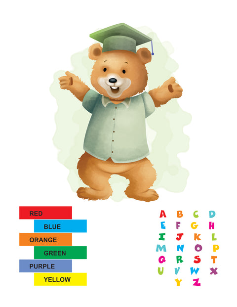 Ed the Ted in a graduation cap with colour swatches and colourful alphabet letters on a white background
