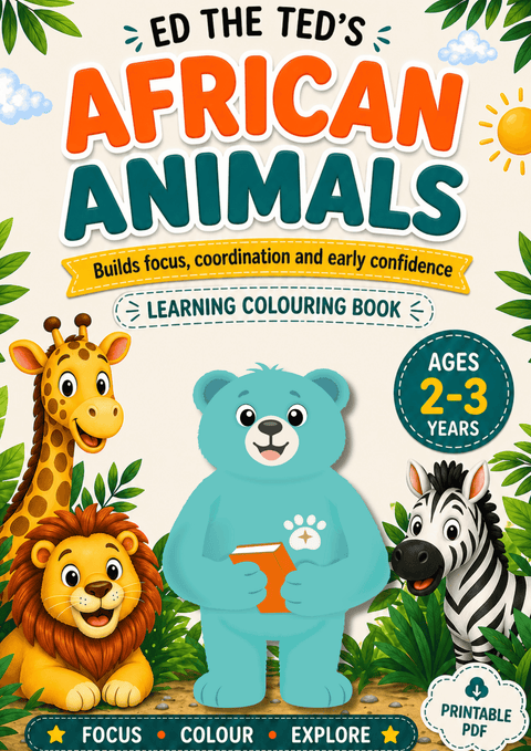 African Animals colouring workbook for developing pencil control and creativity