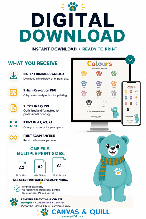 Landing Ready® Colours Wall Chart digital download including PNG and print-ready PDF.. Digital download printable template listing for wall charts and paw print size guides by Canvas & Quill, featuring Ed The Ted® , mockups of a computer and phone displaying the design, and text outlining what is included.