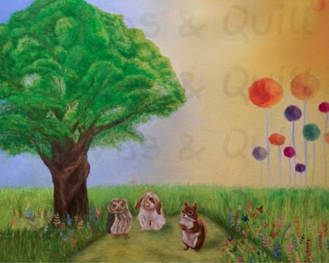 A digital painting featuring a serene countryside scene with an oak tree, vibrant lollipop trees, and playful woodland creatures including rabbits and an owl.