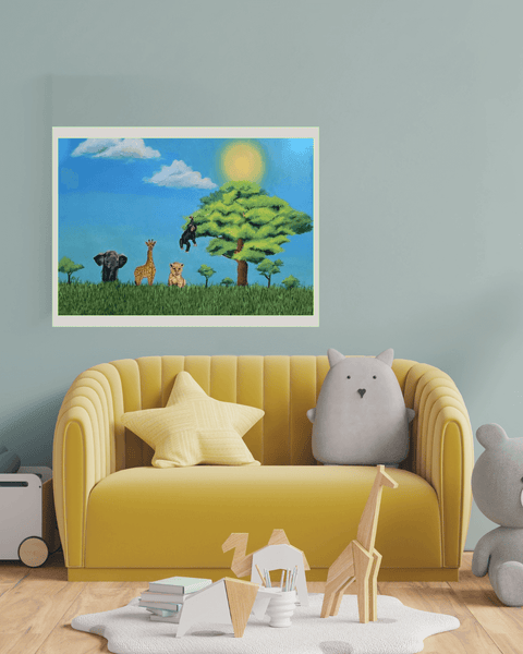 Printable Safari Adventures Oil Painting Print (Instant Download) | Elephant, Giraffe, Lion, Chimpanzee | A3, A4, 8×10" | Canvas & Quill