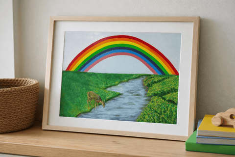 Printable Rainbow Magic Oil Painting Print (Instant Download) | Deer by Stream | A3, A4 & 8×10″ | Canvas & Quill