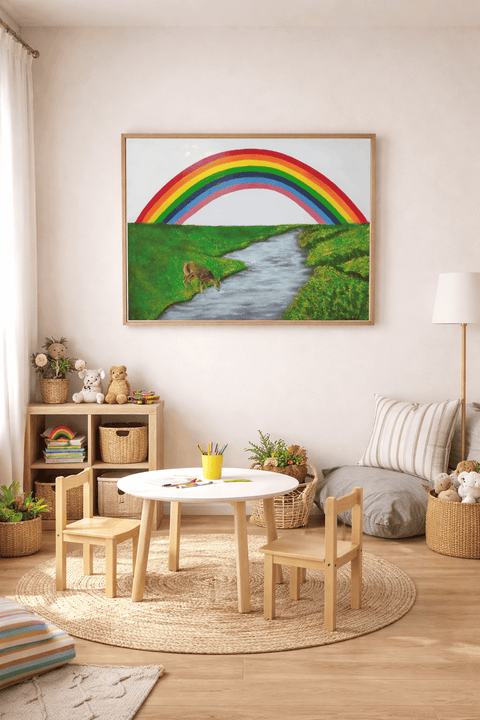 Printable Rainbow Magic Oil Painting Print (Instant Download) | Deer by Stream | A3, A4 & 8×10″ | Canvas & Quill