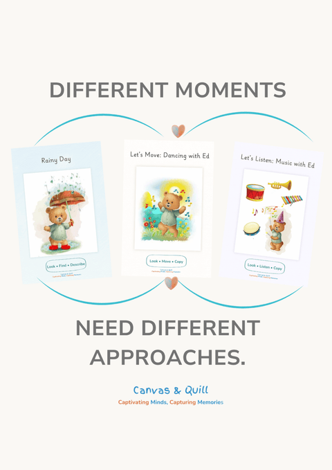 Focus & Ready™ Learning Poster Bundle featuring Rainy Day™, Dancing with Ed™ and Music with Ed™ printable educational posters for children aged 2–5.