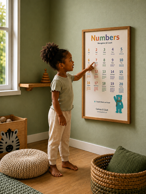 Child using the Landing Ready® Numbers Wall Chart (1–20) with matching quantity dots to build number recognition and counting confidence.