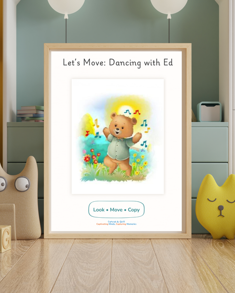 Dancing with Ed printable poster displayed in nursery room, toddler learning wall art supporting movement, confidence and imaginative play