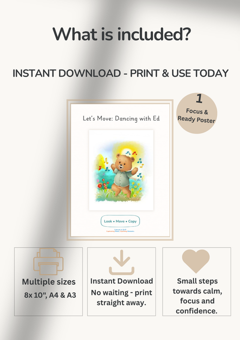 Dancing with Ed printable poster instant download details, includes A4 A3 and 8x10 sizes for toddler learning wall art and movement activities