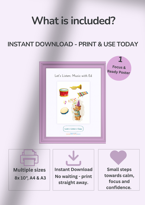 Music with Ed Focus & Ready poster instant download, printable in A4, A3 and 8x10 sizes, educational learning resource for children