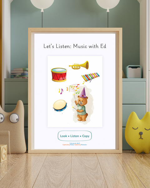 Music with Ed Focus & Ready poster in children’s playroom, listening and rhythm activity wall art supporting early learning and engagement