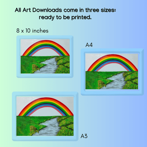 Printable Rainbow Magic Oil Painting Print (Instant Download) | Deer by Stream | A3, A4 & 8×10″ | Canvas & Quill