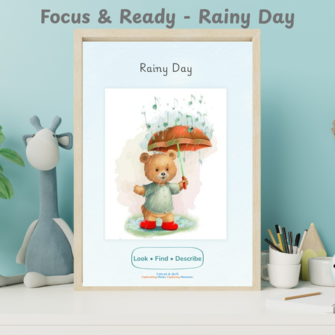 Rainy Day printable children’s poster featuring teddy bear with umbrella, focus and ready activity for toddlers encouraging observation, imagination and calm learning
