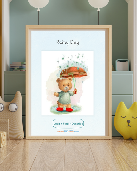 Rainy Day Focus and Ready printable poster for children in a styled nursery room, calm learning wall art supporting toddler attention, language development and imaginative play