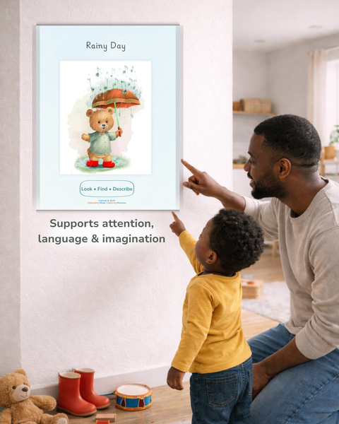 Parent and toddler pointing at Rainy Day learning poster on wall, interactive printable activity supporting focus, language skills and early childhood development at home