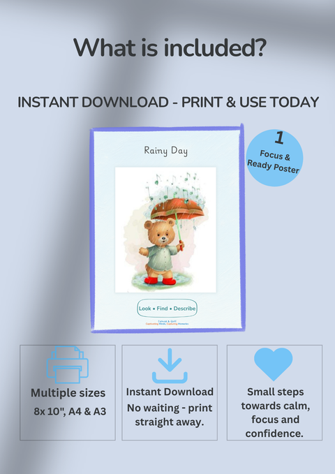 Printable Rainy Day children’s learning poster digital download, multiple sizes A4 A3 and 8x10, instant print activity for toddlers supporting calm focus and confidence