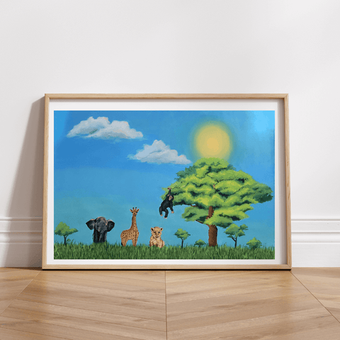 Printable Safari Adventures Oil Painting Print (Instant Download) | Elephant, Giraffe, Lion, Chimpanzee | A3, A4, 8×10" | Canvas & Quill